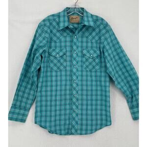 Wrangler Mens Aqua Blue Cotton Blend Collared Pearl Snap Western Shirt Sz M
